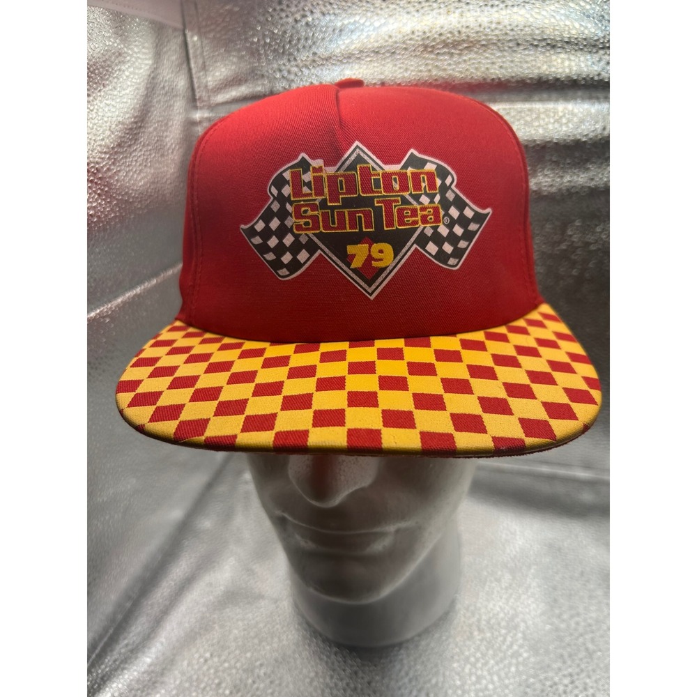Vintage Lipton Sun Tea 79 Racing Snapback Hat Red Checkered Brim Trucker Cap USA